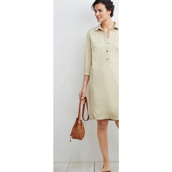 J. Jill Cotton Shirt Dress Khaki live-in-chino Collar Button Roll Tab Utility - Picture 2 of 11